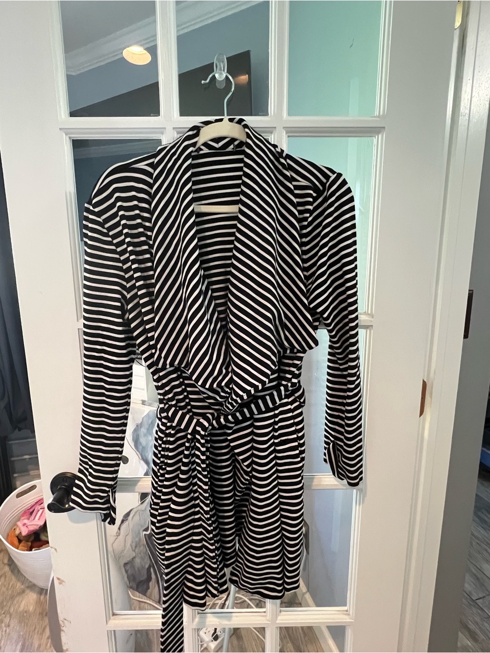 Gibson Look Black Striped Belted Ponte Topper Jacket